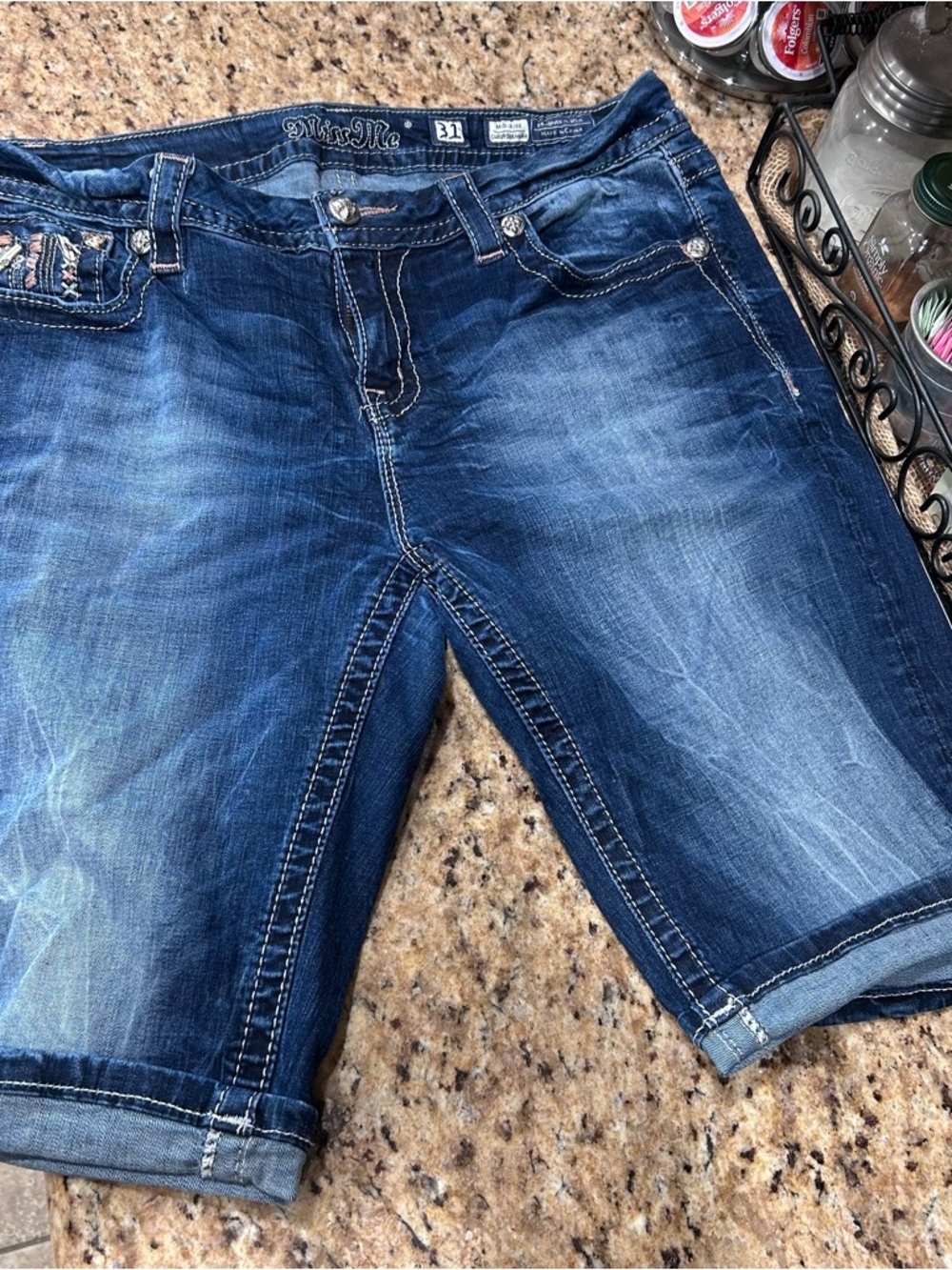 Miss Me Blue Denim Midrise Curvy Bermuda Shorts with Embroidered Logo
